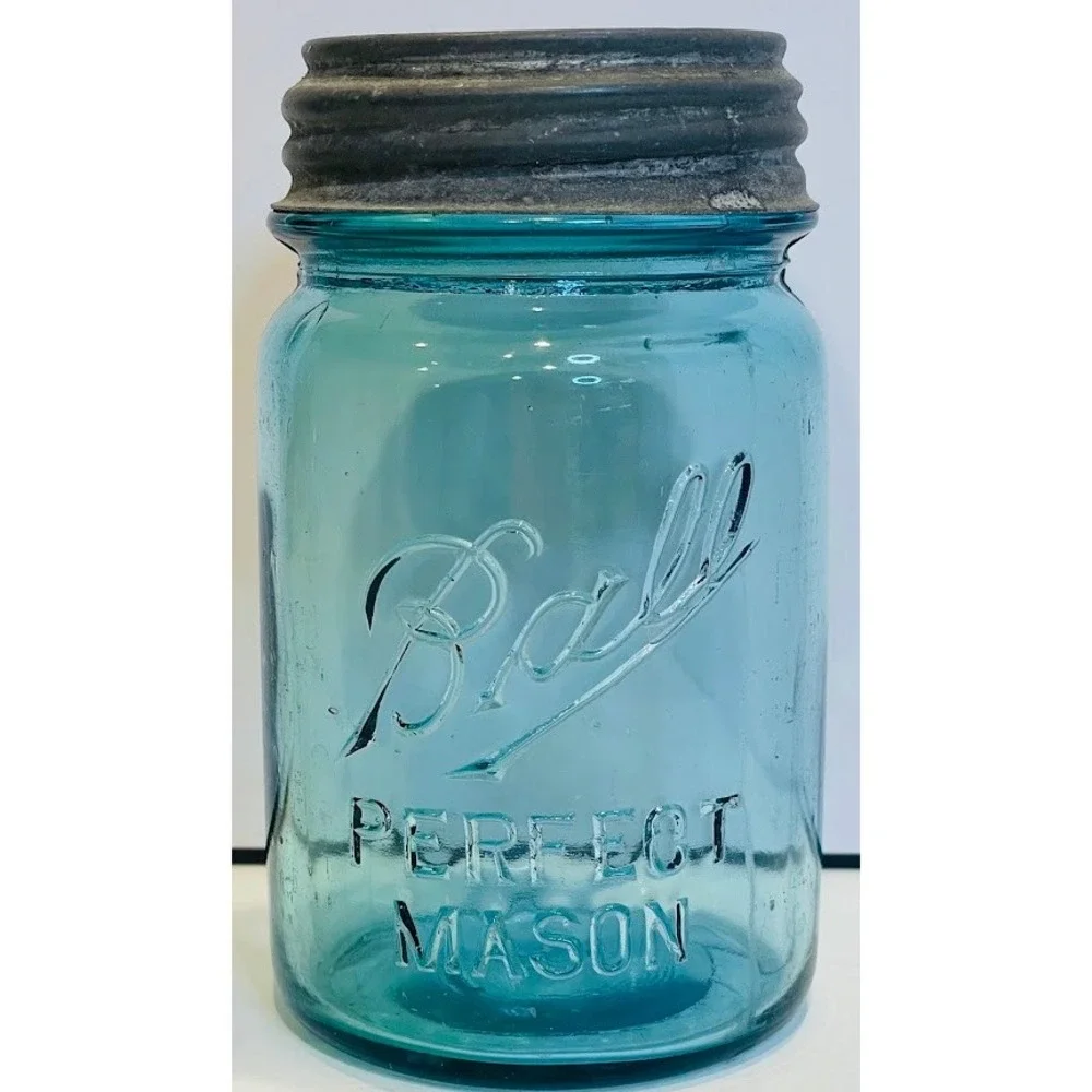 Ball Perfect Mason Jar Blue Aqua Glass Quart Vintage Zinc Lid Embossed Logo 7in
